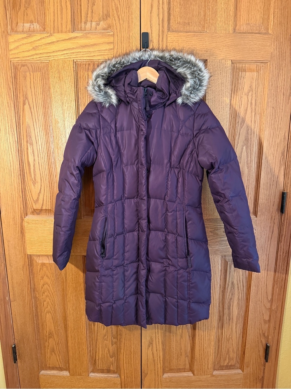 Eddie Bauer Deep Purple Quilted down filled Long Puffer Coat with Faux Fur Trim